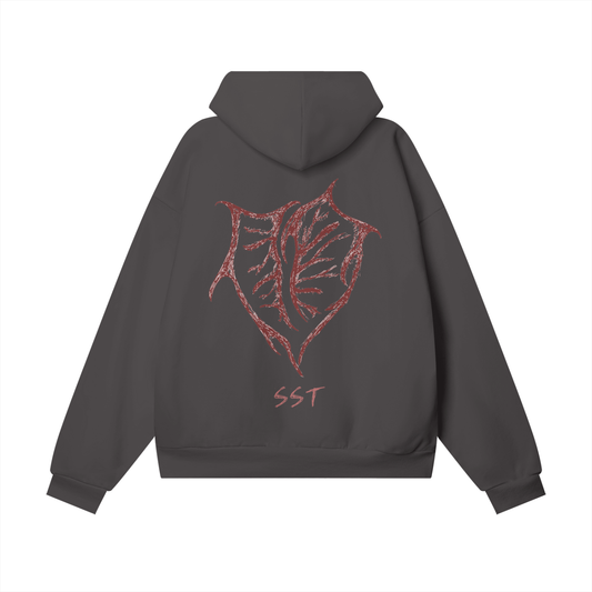 Chorcoal oversized heavyweight hoodie with a red heart graphic design on the back, made from premium organic fleece.