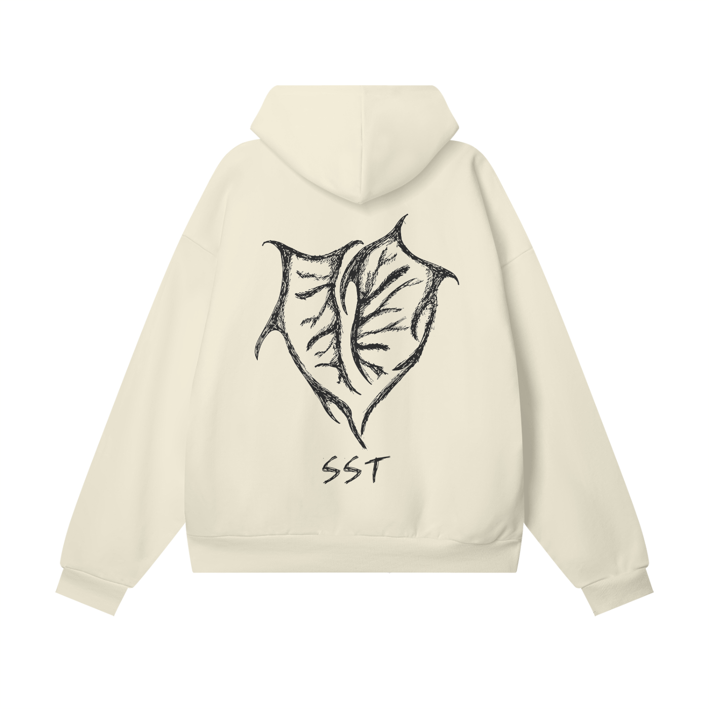 Beige SST hoodie featuring large black heart with bat wings on back, oversized streetwear fit.