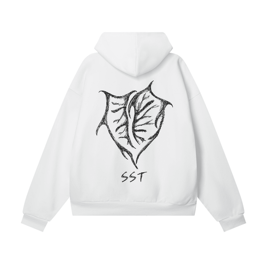 White SST hoodie with full-back black heart and bat wings graphic, oversized streetwear style.