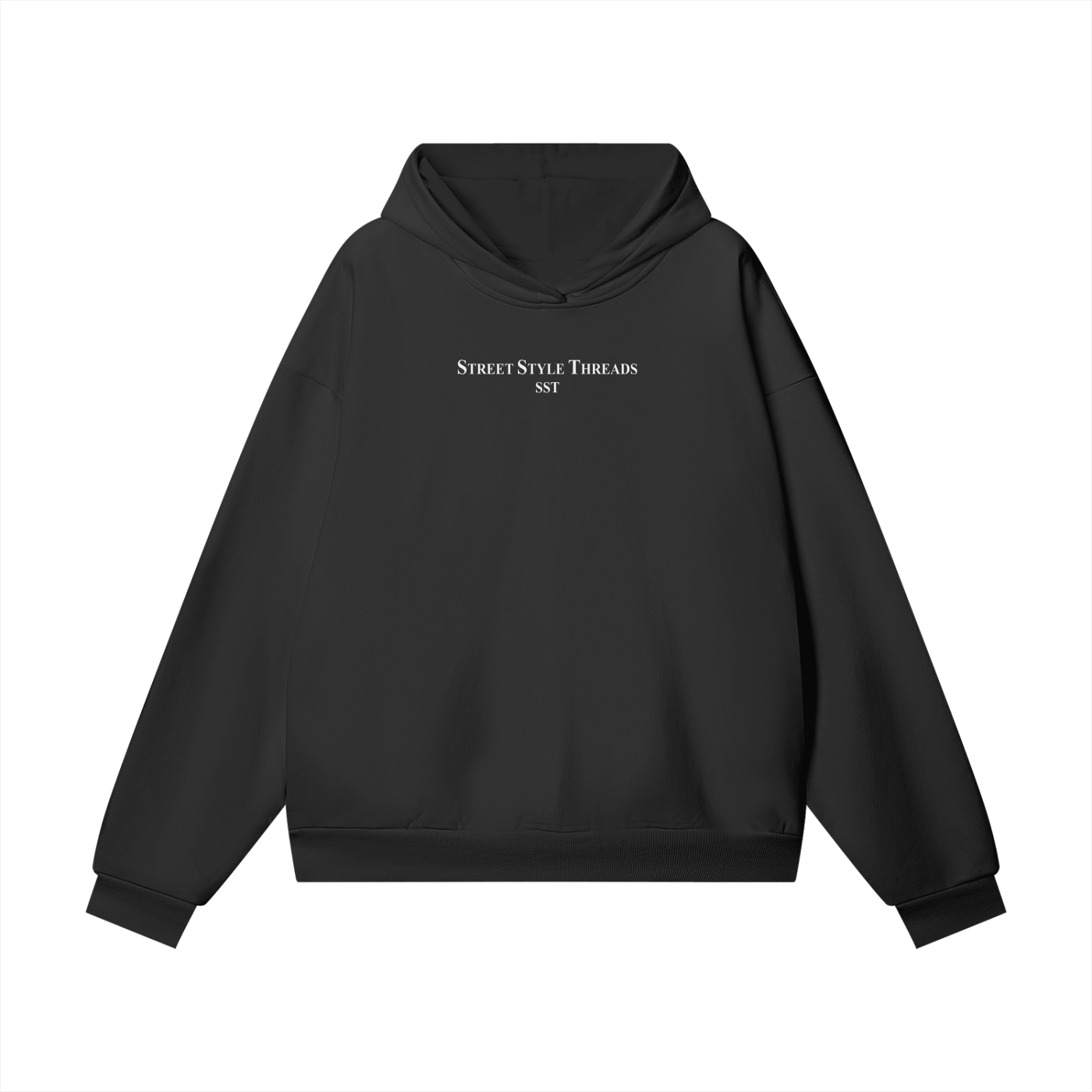 Black oversized heavyweight 460 GSM fleece hoodie with hidden pocket, premium streetwear.