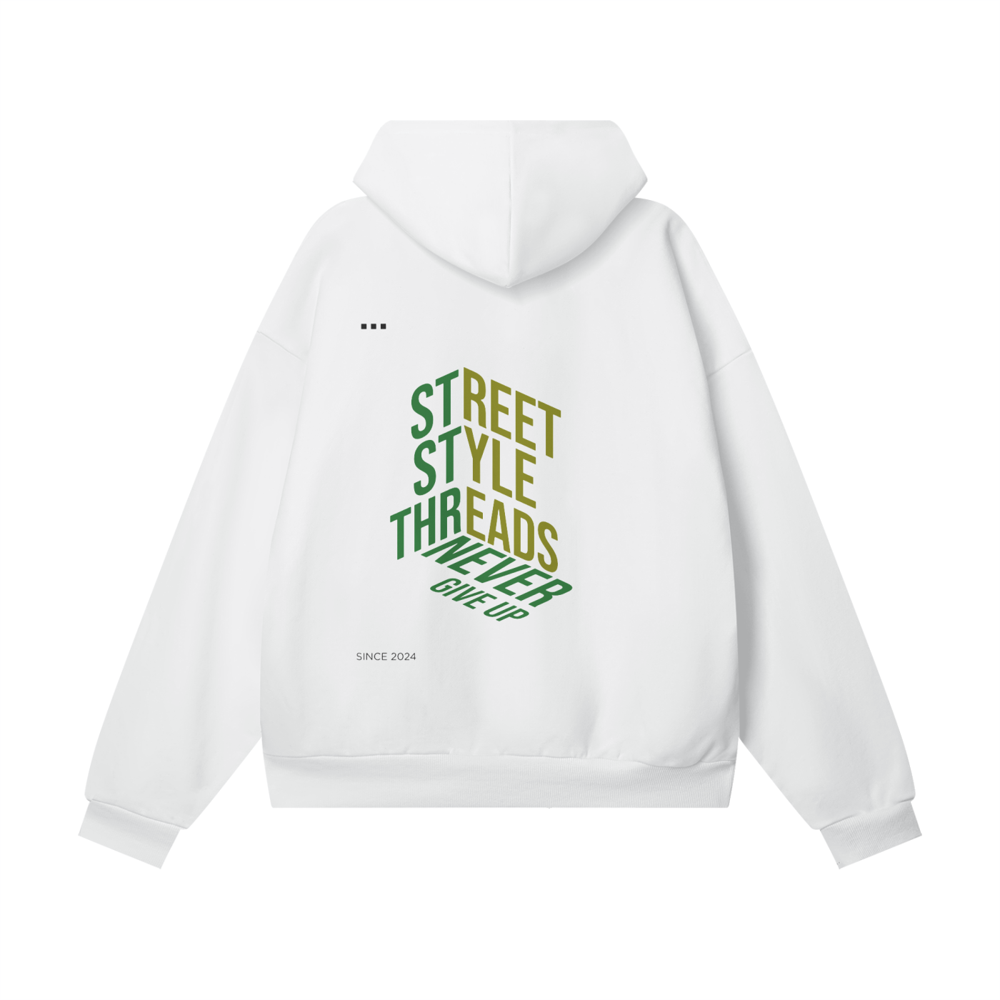 "Street Style Threads hoodie featuring the 'Never Give Up' graphic on the front, oversized streetwear fit, soft brushed fleece interior, ribbed cuffs and hem, available in multiple colors.