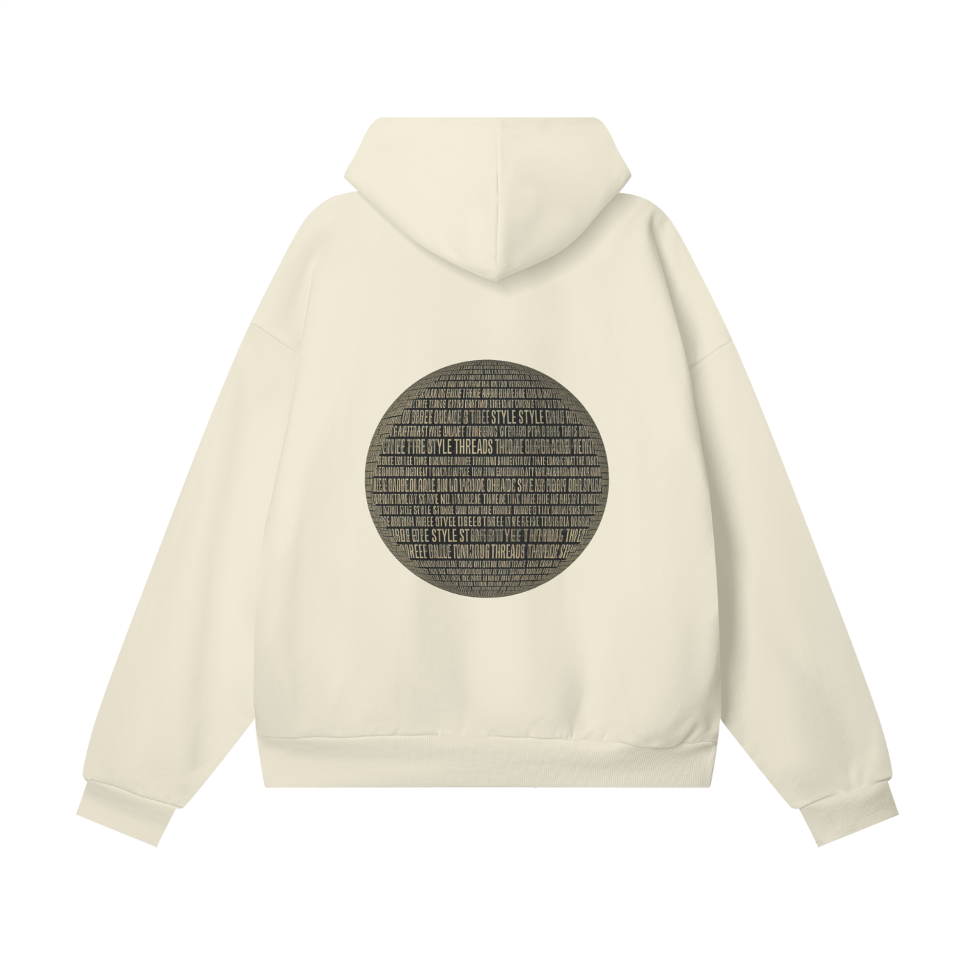 Beige oversized heavyweight hoodie with a black circular graphic design on the back, made from premium organic fleece.