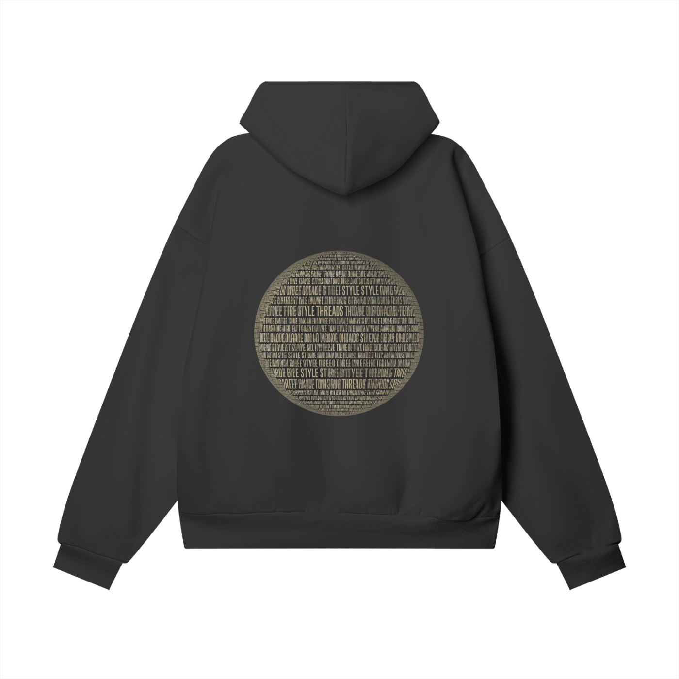 Black oversized heavyweight hoodie with a black circular graphic design on the back, made from premium organic fleece.