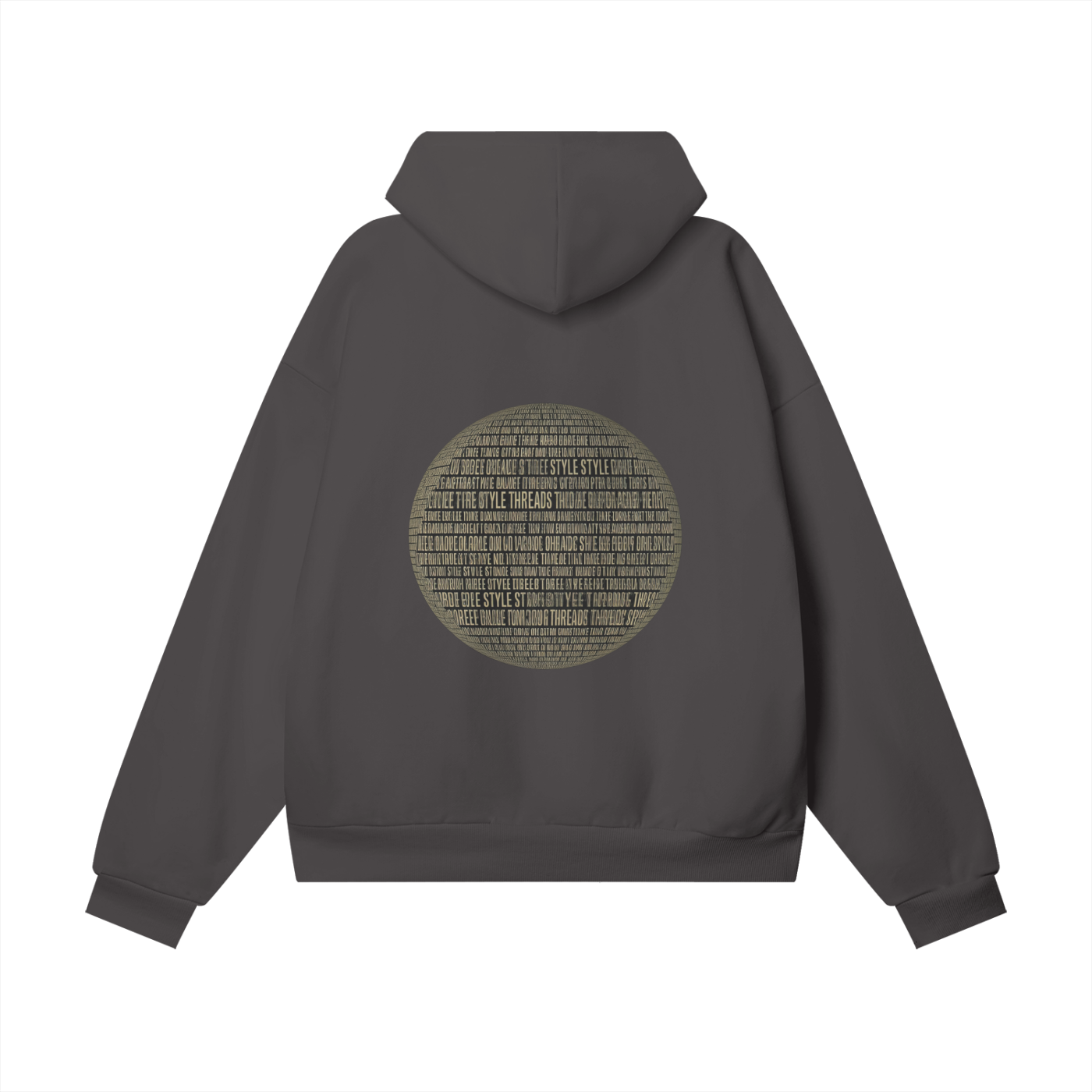 Chorcoal oversized heavyweight hoodie with a black circular graphic design on the back, made from premium organic fleece.