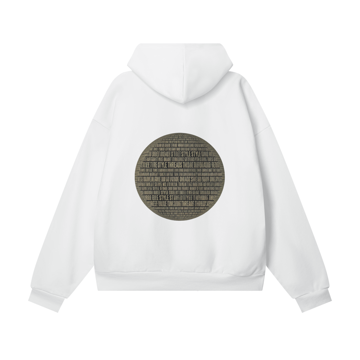 White oversized heavyweight hoodie with a black circular graphic design on the back, made from premium organic fleece.