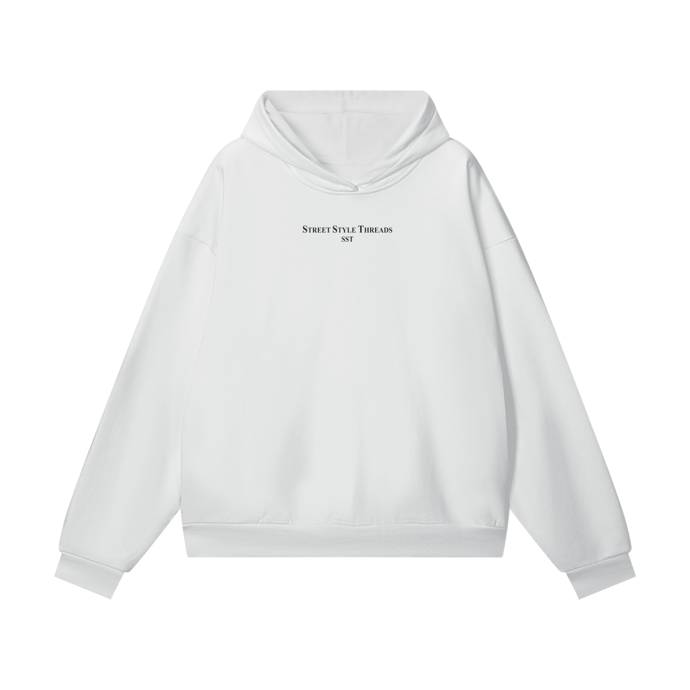 White oversized heavyweight organic fleece hoodie, 460 GSM fabric with hidden pocket design.