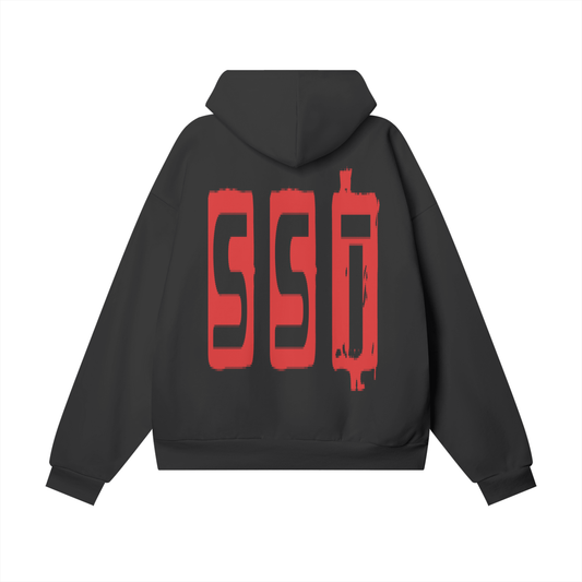 Black SST hoodie with large red graffiti graphic on the back, oversized streetwear hoodie.