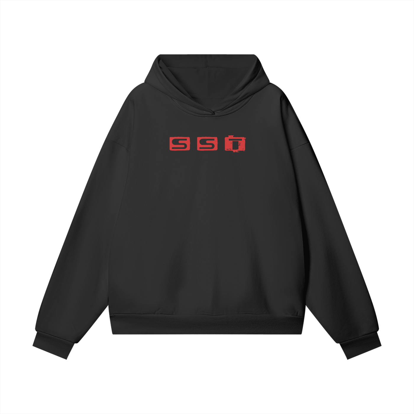 Black SST hoodie with small red graffiti 'SST' logo centered below the neckline, oversized streetwear fit, warm brushed fleece interior, ribbed cuffs and hem.