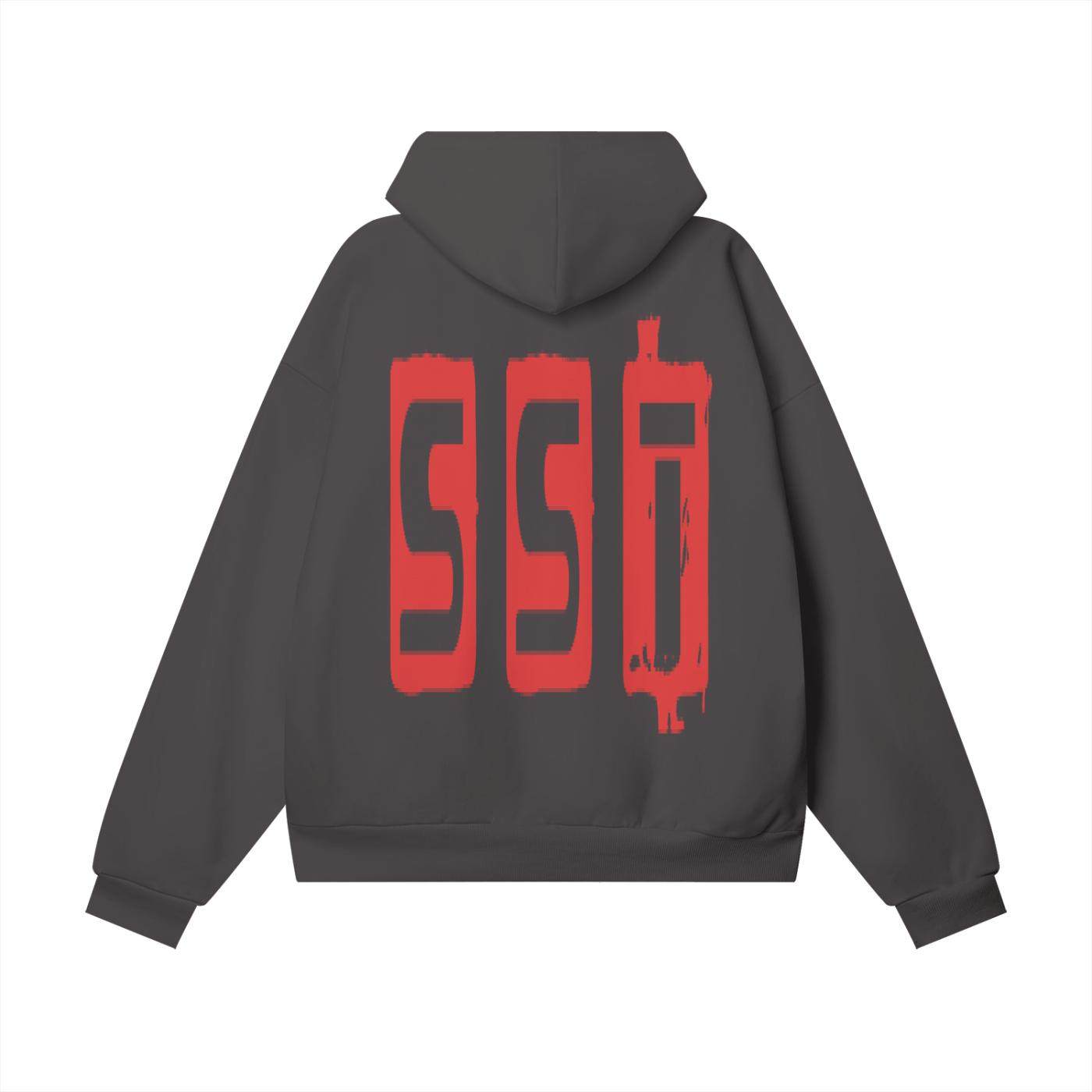 Charcoal SST hoodie with bold red graffiti logo covering the back, oversized streetwear style.