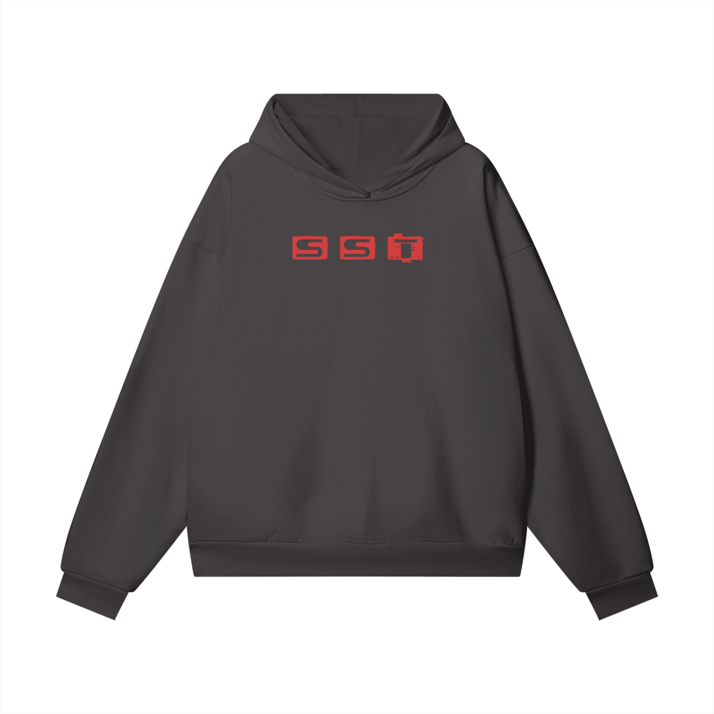 Charcoal SST hoodie with small red graffiti style 'SST' logo centered below the neckline, oversized streetwear fit, soft brushed fleece interior, ribbed cuffs and hem.