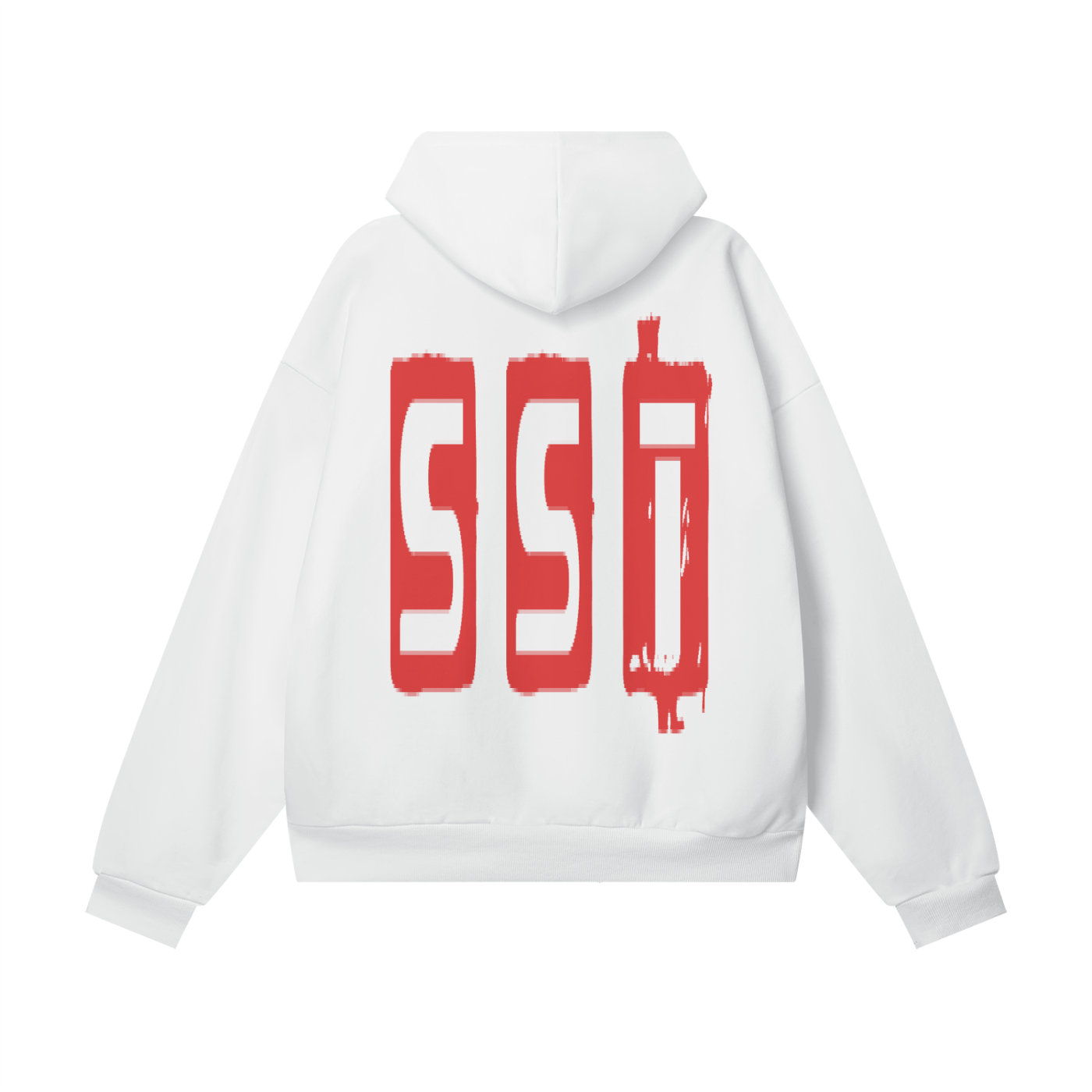 White SST hoodie with bold red graffiti logo covering the back, oversized streetwear style.