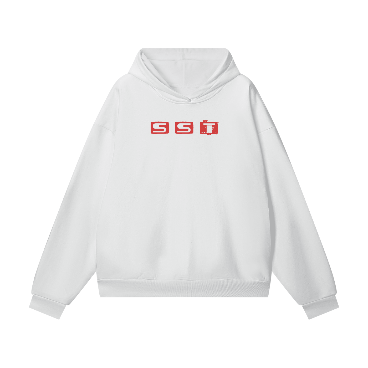 White SST hoodie featuring a small red graffiti style 'SST' logo centered under the neck, oversized relaxed fit, soft fleece lining, ribbed cuffs and hem.