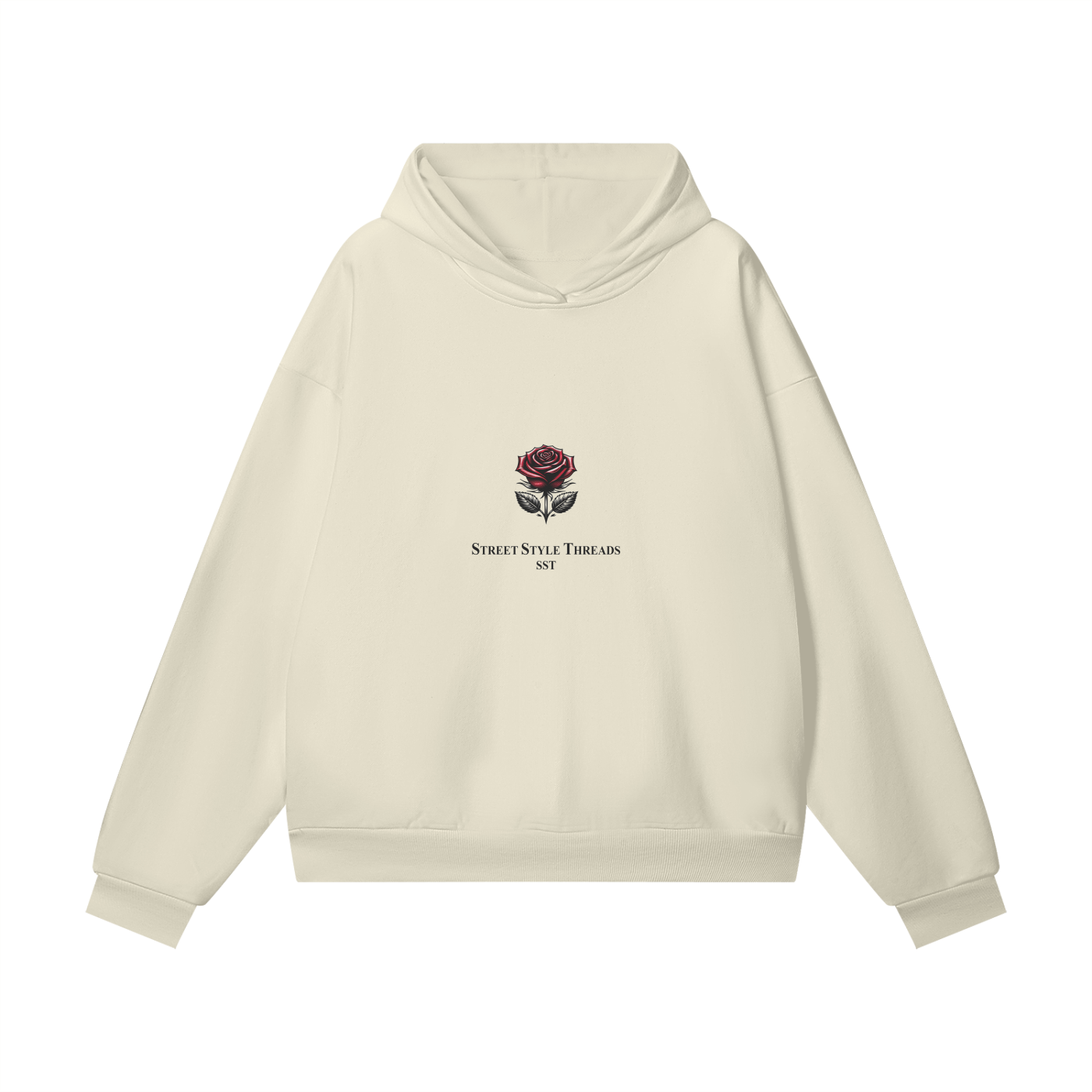 Beige SST hoodie with a bold rose design on the front, oversized streetwear style, cozy brushed fleece interior, ribbed cuffs and hem