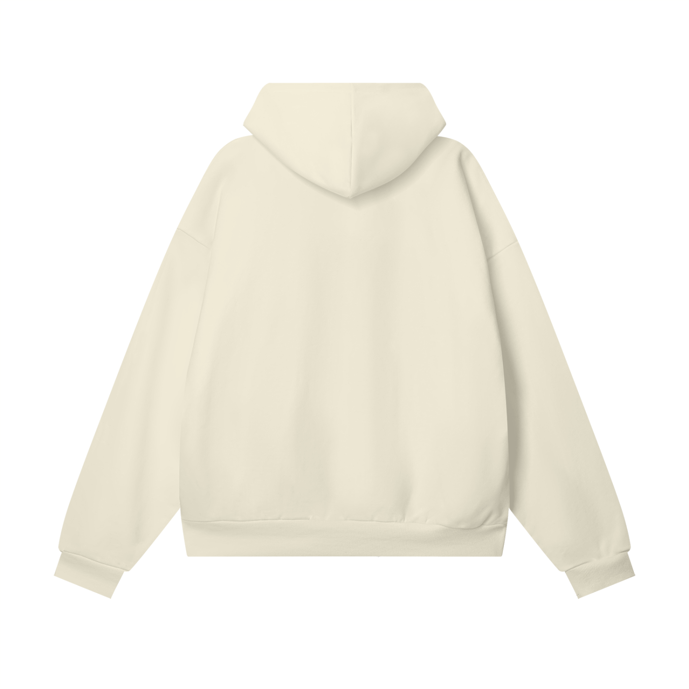 Beige oversized heavyweight hoodie, 460 GSM fleece for warmth, modern hidden pocket detail.