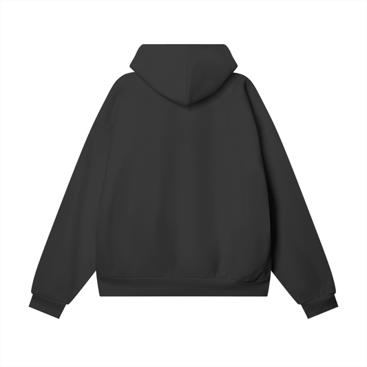 Black oversized heavyweight 460 GSM fleece hoodie with hidden pocket, premium streetwear.