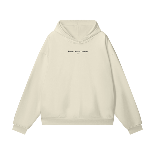 Beige oversized heavyweight 460 GSM fleece hoodie with hidden pocket, premium streetwear.