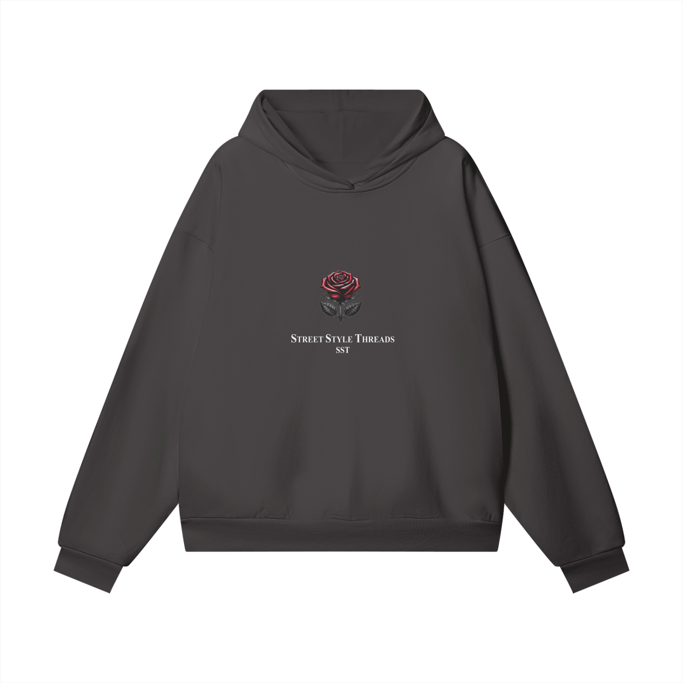 Charcoal-colored SST hoodie featuring a detailed rose graphic on the front, oversized fit with ribbed cuffs and hem, soft fleece interior.